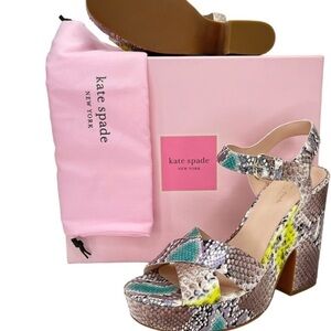kate spade Multicolor Snake-Print Platform Sandals with Teal and Yellow Accents